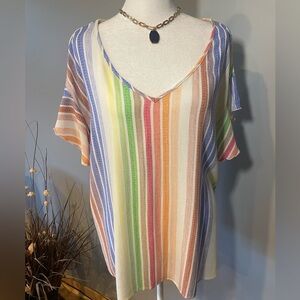 Romantic Hut Women’s XL Rainbow Stripe V-Neck Short Sleeve Blouse 100% Viscose